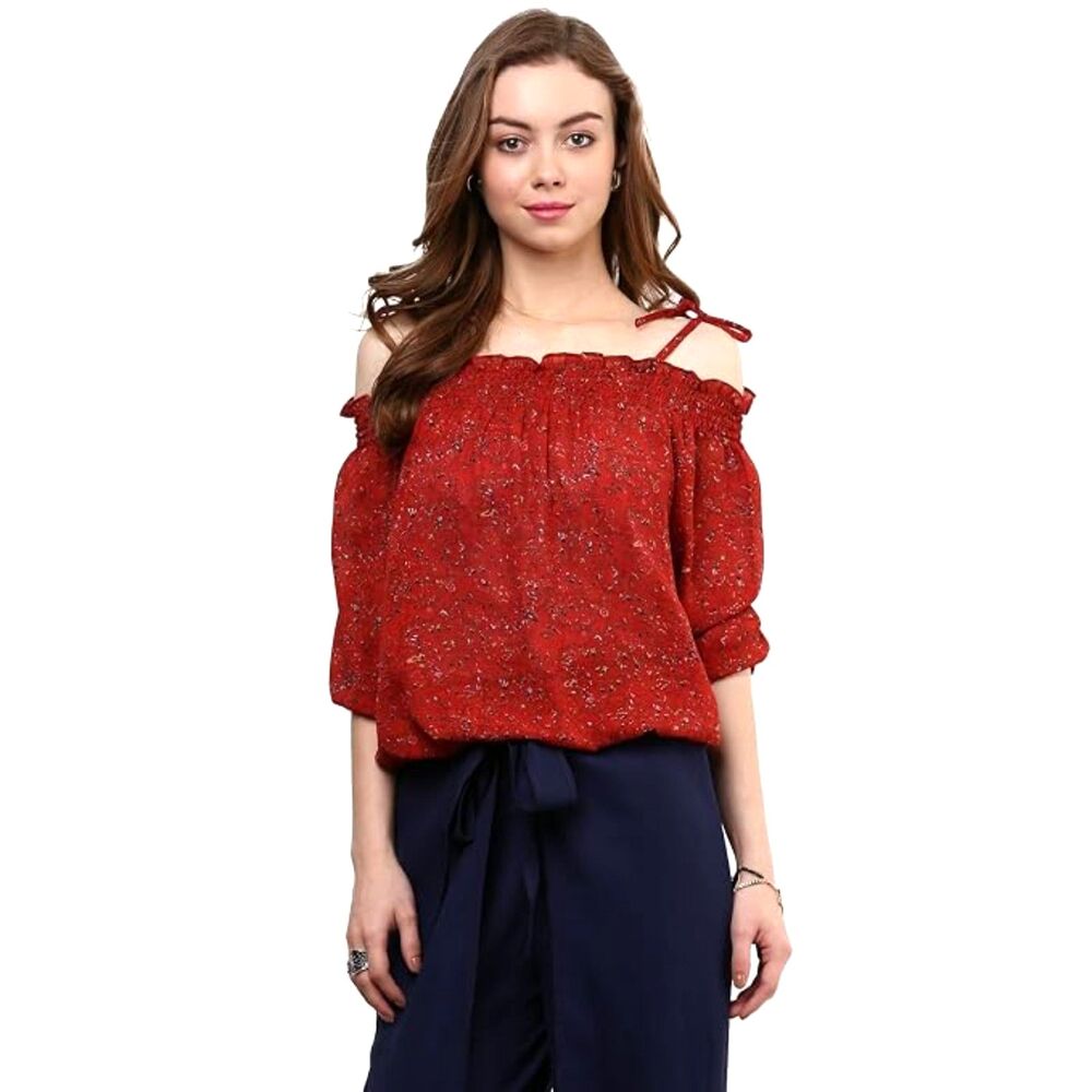 RARE Rust Red Off Shoulder Smocked Boho Blouson Top Floral Print Small
